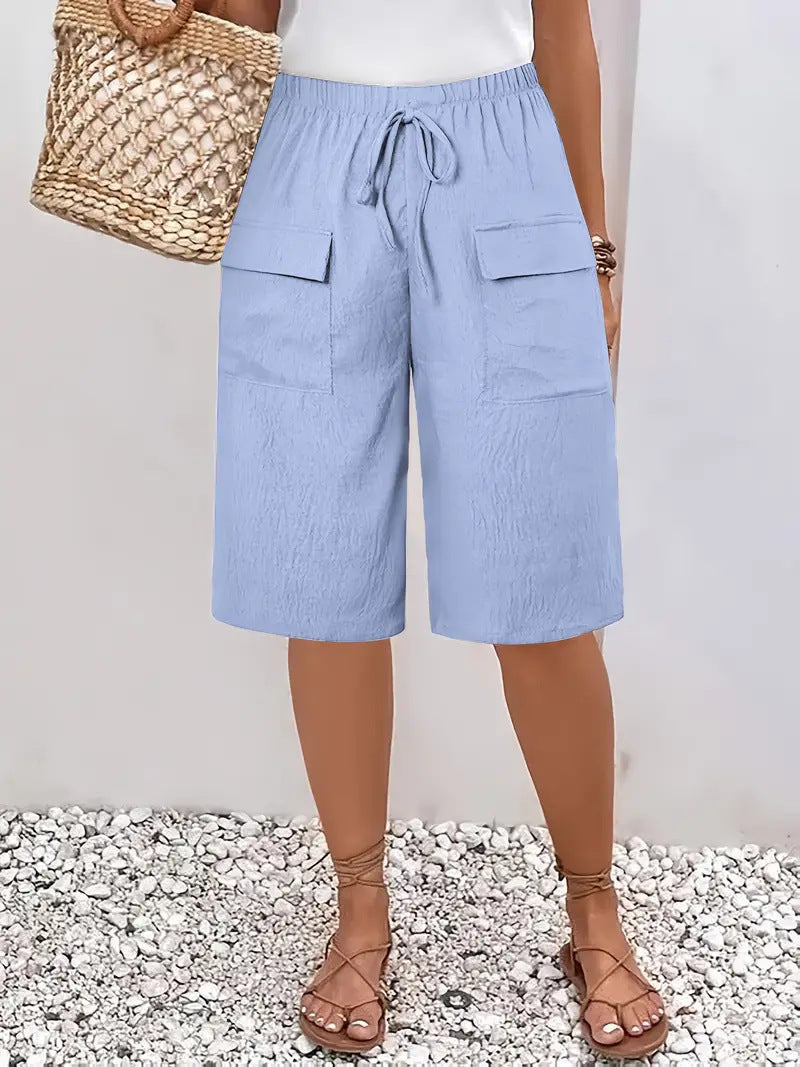 Women's Solid Color Stylish Loose-fit Pockets Casual Short Pants