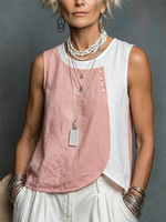 Color-block Cotton-linen Tank Top With A Round Neck, Sleeveless Design, And Asymmetrical Curved Hem
