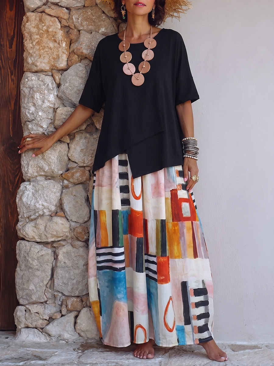Artistic Geometric Print Cotton Two-piece Set