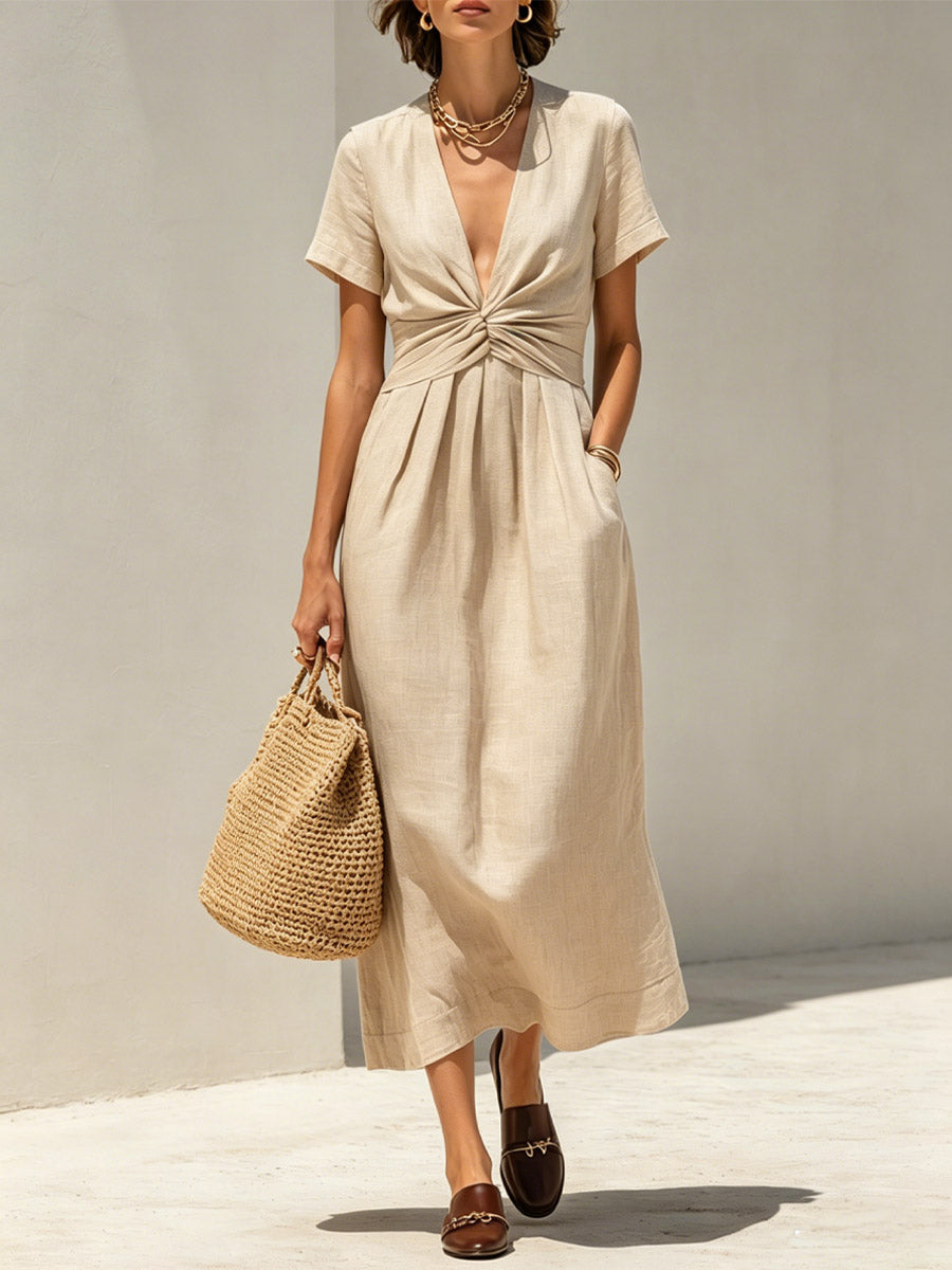 Women's Twist Art Casual Stylish V-collar Short Sleeve Cotton Linen Midi Dress