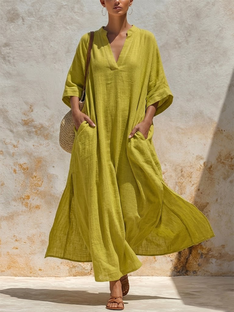 Long Linen Vacation Maxi Dress Featuring A Split Mandarin Collar, V-neck, Three-quarter Sleeves, Side Slits, And Pockets