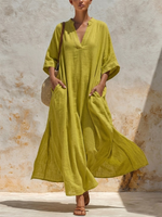 Long Linen Vacation Maxi Dress Featuring A Split Mandarin Collar, V-neck, Three-quarter Sleeves, Side Slits, And Pockets