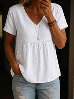 Minimalist Short-sleeve Linen-cotton Blend Top With Lace Trim Detailing