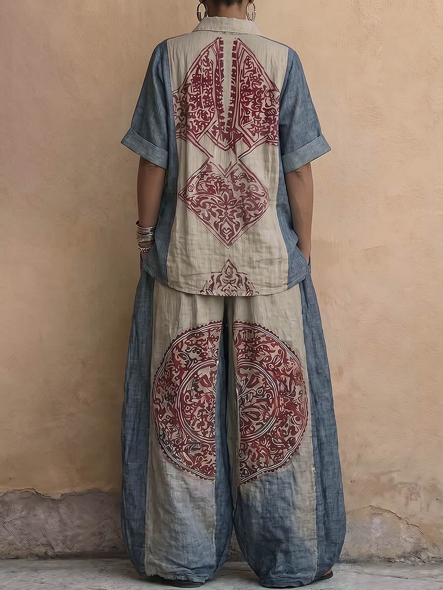 Women's Vintage Placement-print Cotton-linen Set: Short-sleeve Collared Loose Top & High-waisted Wide-leg Pants