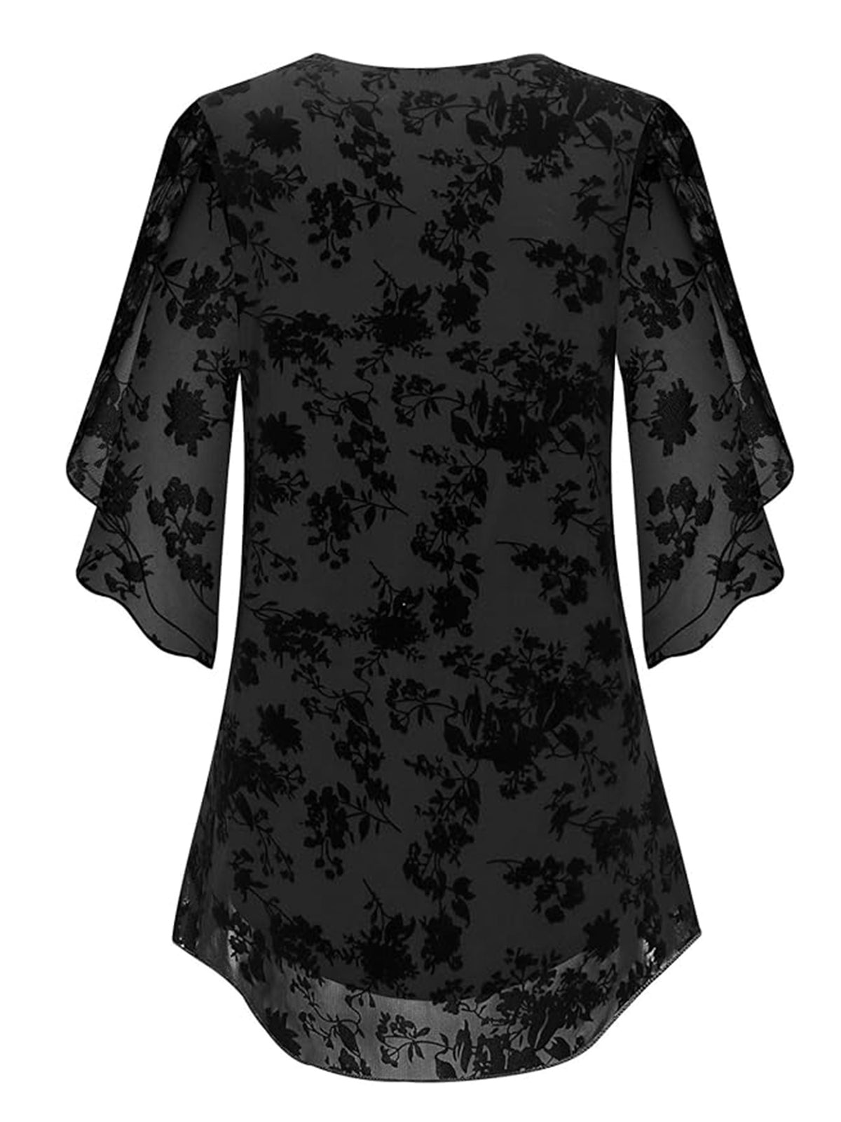 Commute Resort Flocked Print Double Layer Flow V-neck Ruffle 3/4 Sleeve Shirt