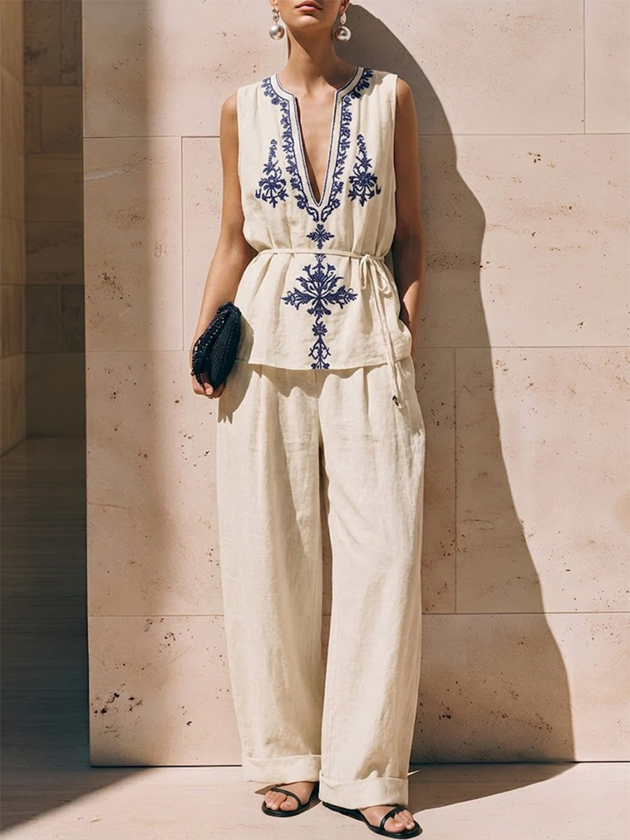 Retro Floral Print Cotton-linen Two-piece Set