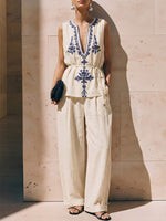 Retro Floral Print Cotton-linen Two-piece Set