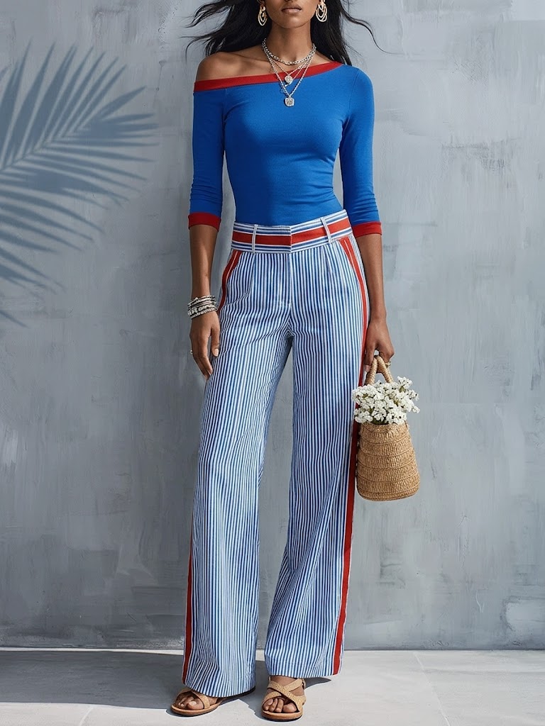Two-piece Set: Casual, Stylish Color-block Cotton Top And Striped Cotton-linen Trousers.