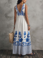 Boho-style Floral Sleeveless Linen And Cotton Dress