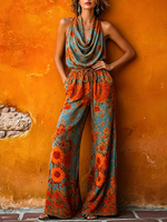 Boho Vintage Cowl-neck Floral Print Jumpsuit
