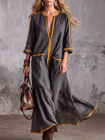 Women's Casual Loose Cotton-linen Dress With V-neck And 3/4 Sleeves