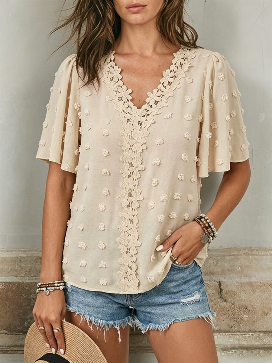 Short-sleeve Casual V-neck Swiss Dot Blouse With Lace Trim