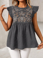 Women's Casual Ruffled Stylish Embroidered Art Round Collar Loose Shirt