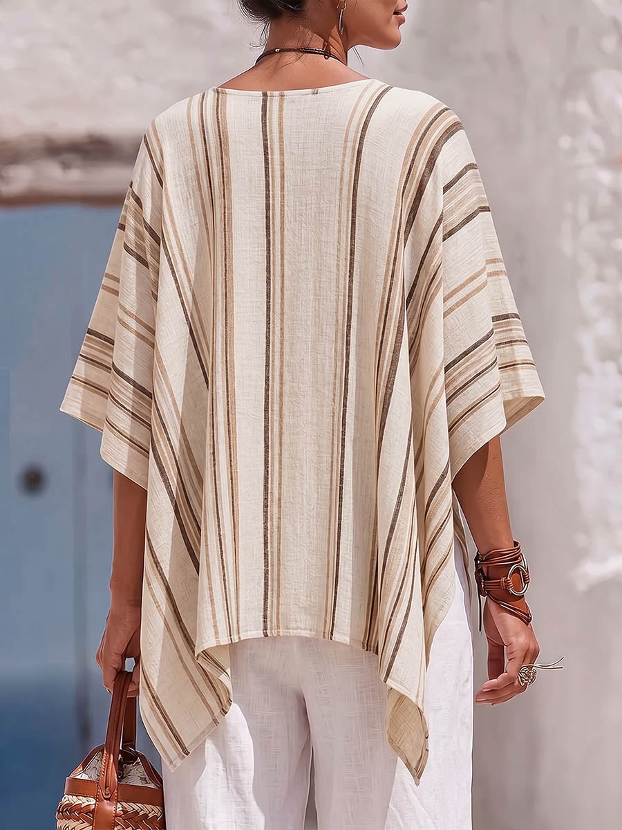 Women's Striped Print V-neck 3/4 Sleeve Casual Loose Cotton-linen Top