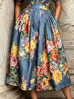 Women's Retro Floral Art Print Casual Stylish V-collar Short Sleeve Denim Midi Dress