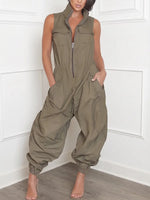 Edgy Utility Parachute Jumpsuit – Sleeveless Zip-Front & Voluminous Cargo Pants