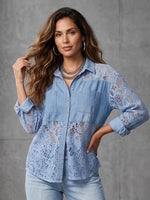 Romantic Lace-Spliced Chambray Denim Blouse