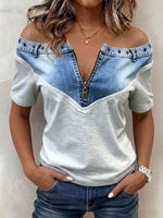 Stylish Off-shoulder Half-zip Paneled Denim Top