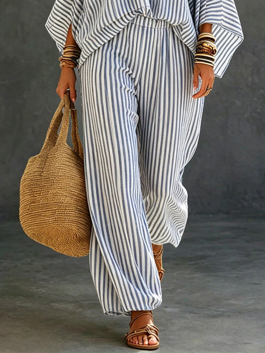 Women's Striped Art Casual Long Sleeve Top And Pants Cotton And Linen Two-piece Set