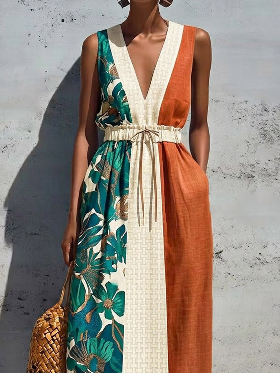Women's Retro Floral Stylish Art Print Casual Sleeveless Cotton Linen Long Dress