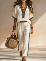 Women's Striped Art Comfortable Casual Top And Pants Cotton Linen Two-piece Set