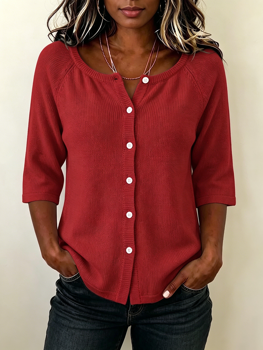 Classic Cozy Minimalist Three-quarter Sleeve Knit Top