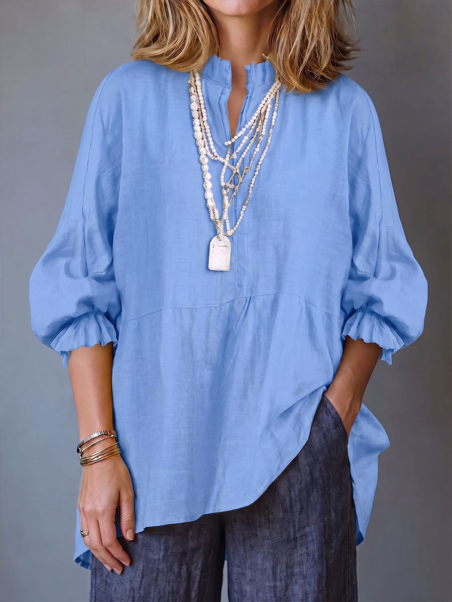 Women's Solid-color Stand-collar 3/4 Sleeve Casual Loose Cotton-linen Top