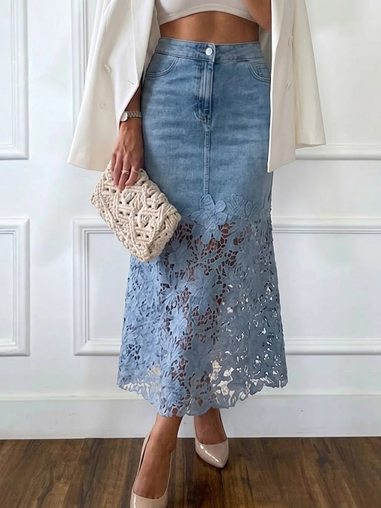Stylish Casual Paneled Lace-and-denim Skirt