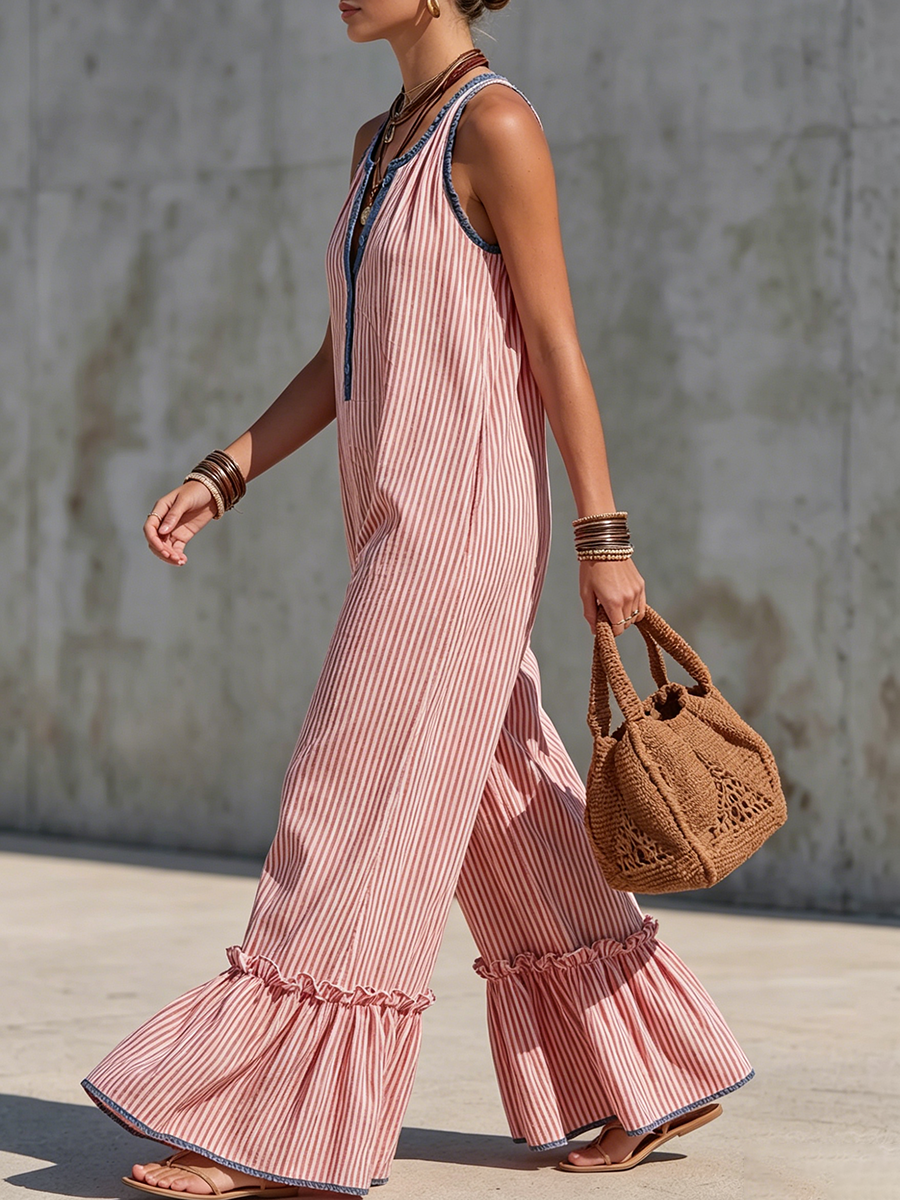 Bohemian Striped Ruffle Jumpsuit