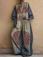 Women's Vintage Placement-print Cotton-linen Set: Long-sleeve Stand-collar Loose Top & High-waisted Wide-leg Pants