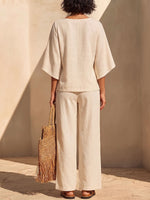 Women's Solid Color Casual Cotton-linen Set: Round-neck 3/4 Sleeve Loose Top & High-waisted Wide-leg Pants