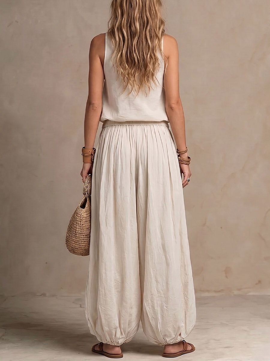 Women's Casual Loose Cotton-linen Set: V-neck Sleeveless Placement-print Top & High-waisted Wide-leg Pants