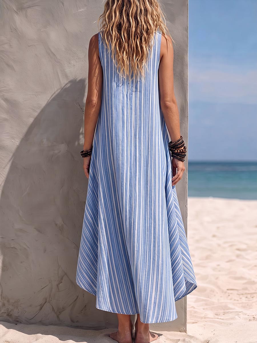 Women's Striped Print V-neck Sleeveless Casual Loose Cotton-linen Dress With Lace Paneling
