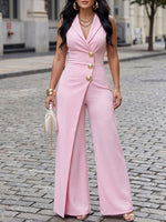 Timeless Elegance-Metal-button Wide-leg Blazer Jumpsuit