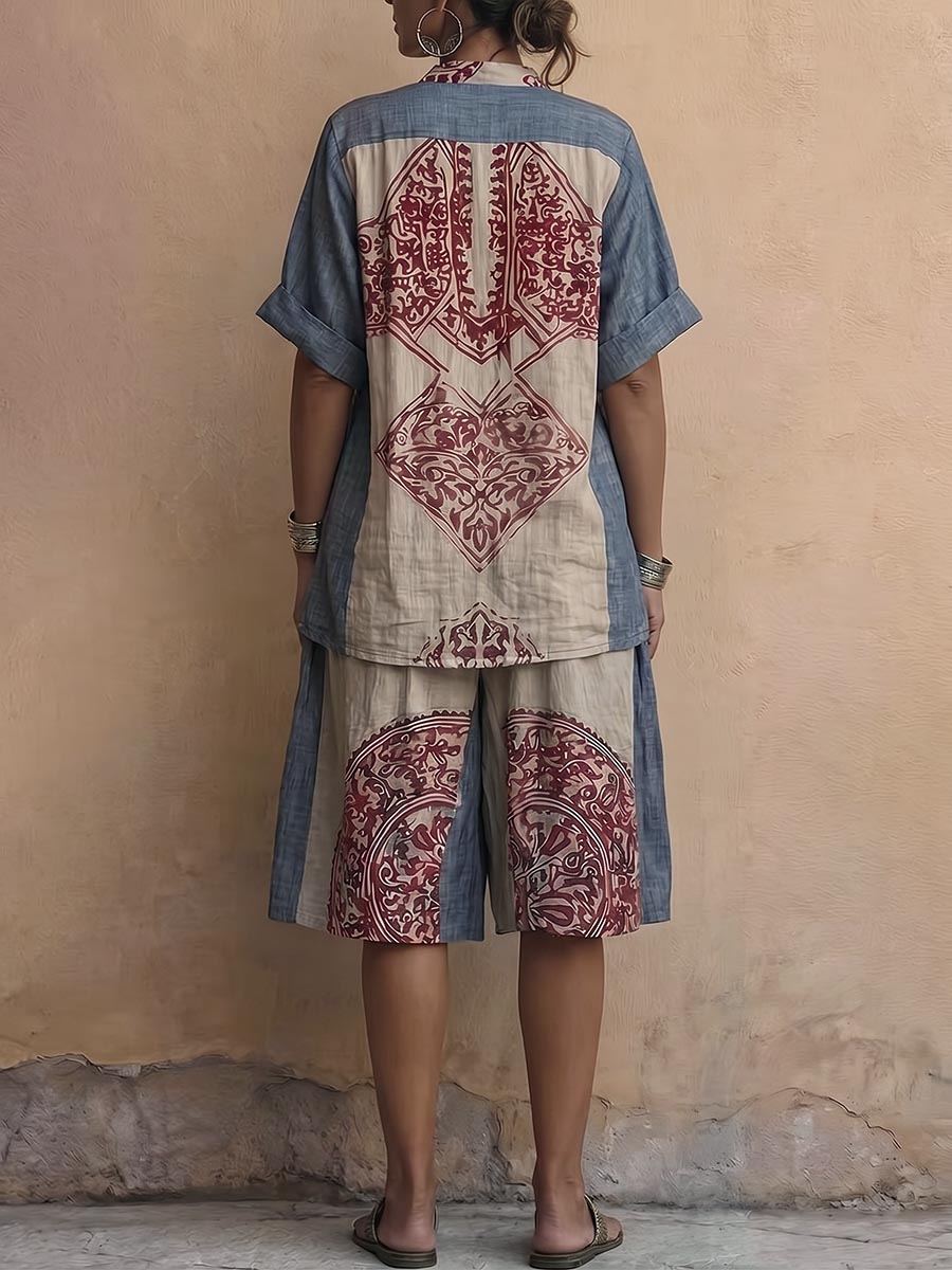 Women's Vintage Placement-print Cotton-linen Set: Short-sleeve Stand-collar Loose Top & High-waisted Wide-leg Shorts