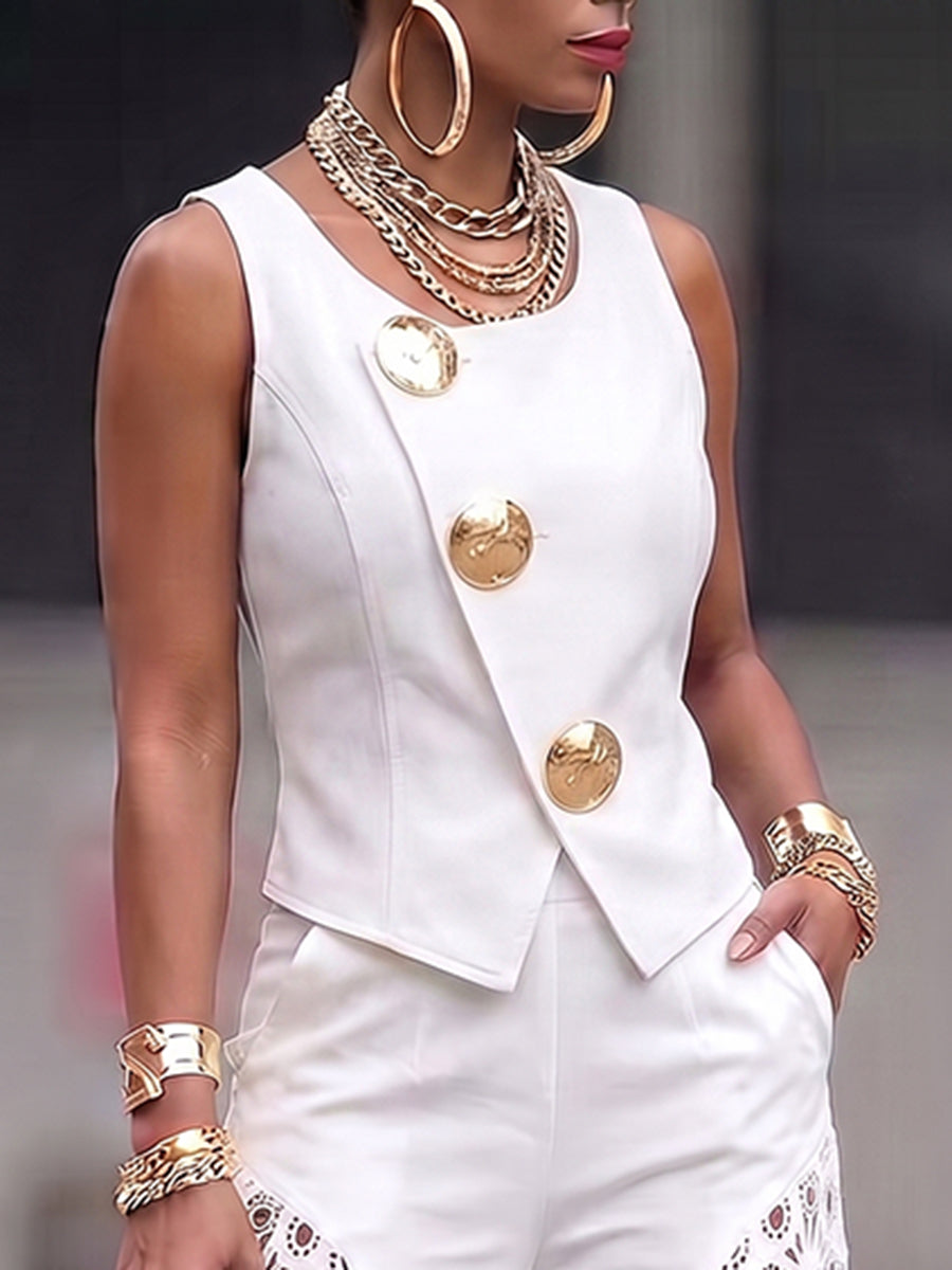 Elegant Metallic-button Vest – Resort Wear