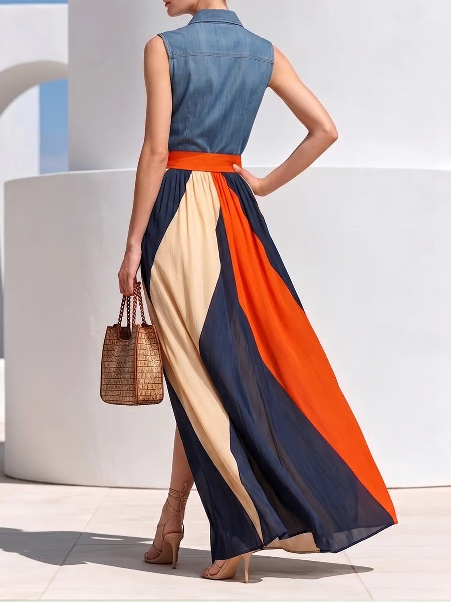 Striking Denim & Color-blocked Chiffon Maxi Look