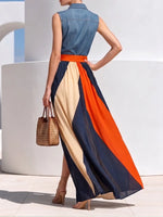 Striking Denim & Color-blocked Chiffon Maxi Look