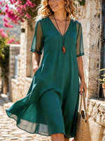 Women’s Short Sleeve V-neck Flowy Chiffon Midi Dress With Pockets