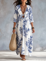 Romantic Ruffled Floral Cotton-linen Dress