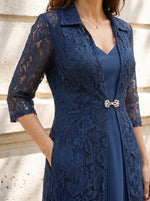Womens Lace Long Coat & Satin Slip Midi Dress 2 Piece Formal Set