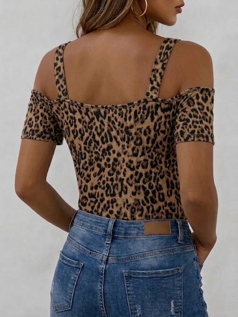 Casual Slim-fit Stretch Cotton Leopard-print Zip-up Top