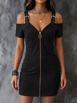 Stylish, Sexy, Slim-fit Stretch Cotton Mini Zip-front Dress