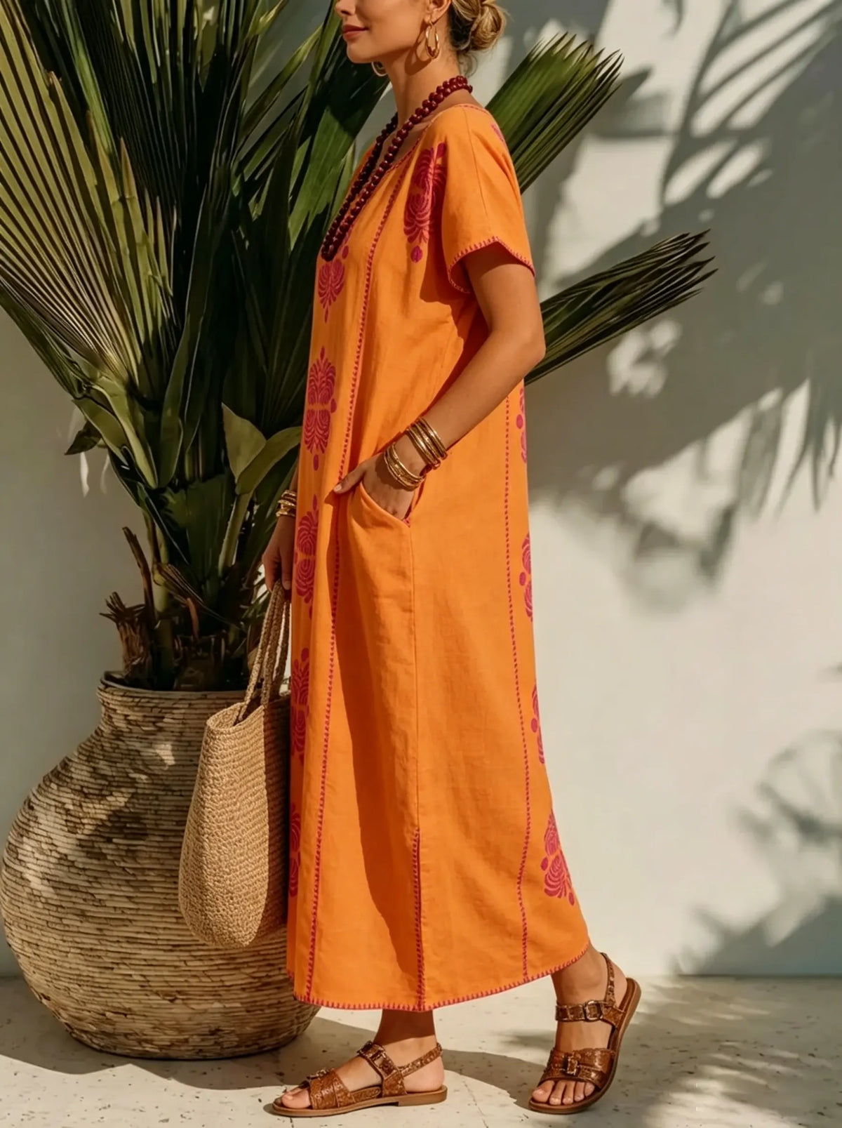 Women's Orange Ethnic Print Maxi Dress