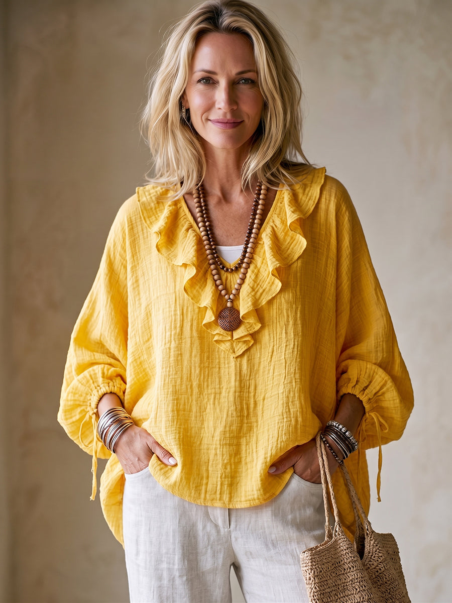 Sunny Ruffled Cotton-linen Blouse With Adjustable Sleeves