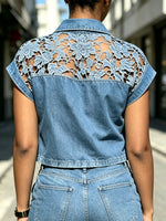 Women's Floral Hollow Art Casual Lapel Stylish Denim Patchwork Shirt