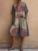 Women's Vintage Placement-print Cotton-linen Set: Short-sleeve Stand-collar Loose Top & High-waisted Wide-leg Shorts