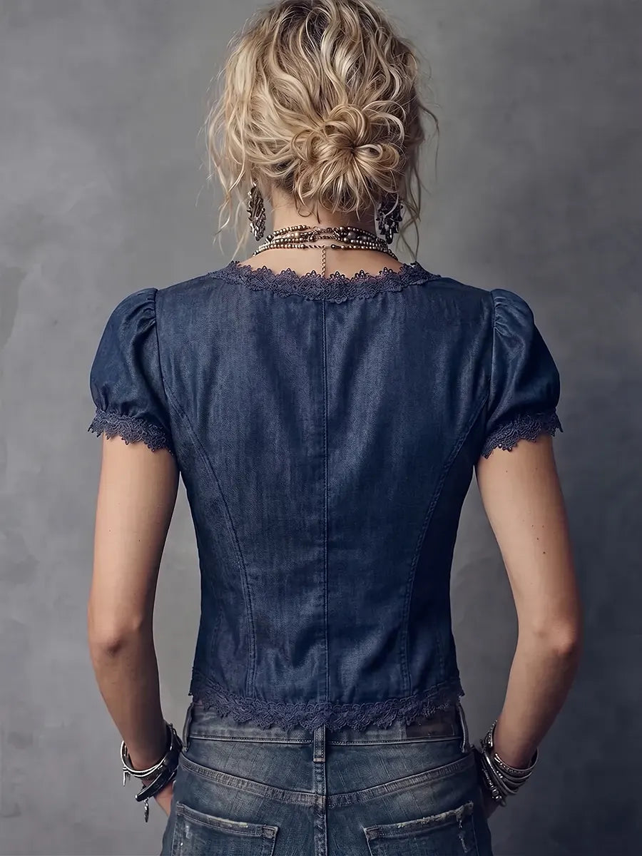 Vintage-Inspired Denim Top – Lace Trim Zip-Front Bustier