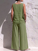 Women's Solid Color V-neck Sleeveless Loose Casual Top And High-waisted Wide-leg Pants Cotton-linen Set