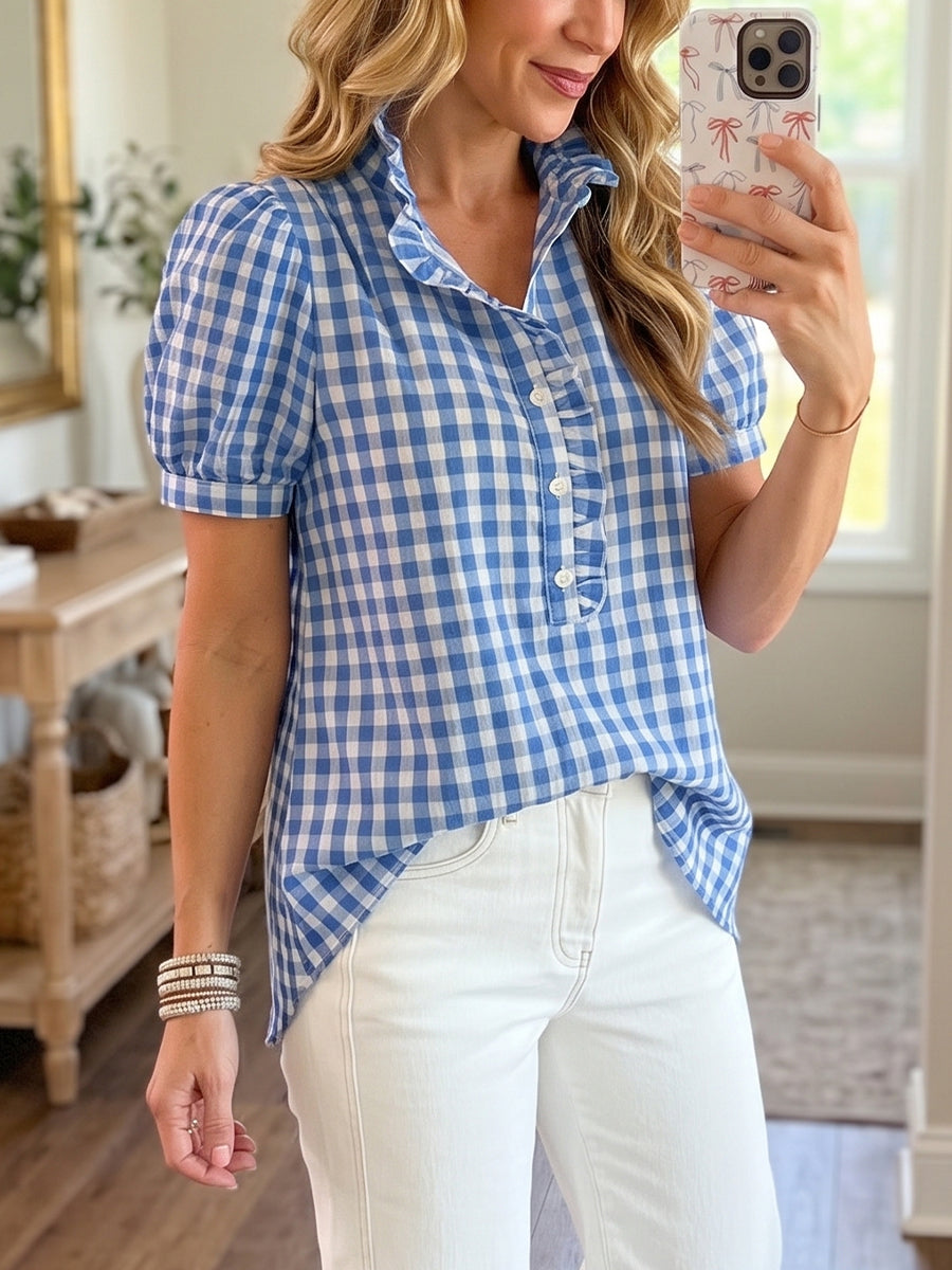 Casual Linen-cotton Plaid Shirt With A Ruffle Collar